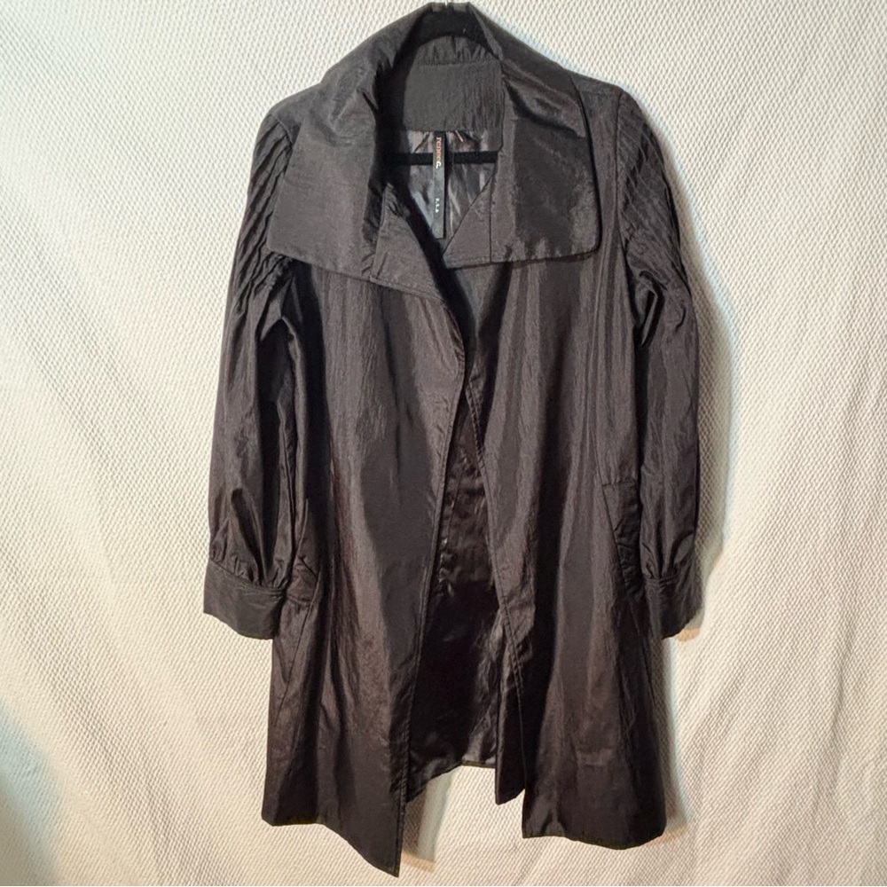 RENEE C Sz L Sheen Open Front Lined Pockets High Neck Pleated Sleeves Coat